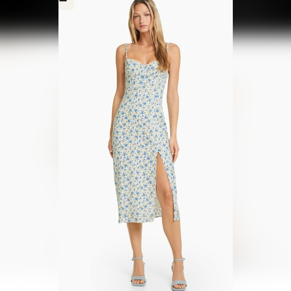 Bershka Blue and White Sleeveless Slit Dress